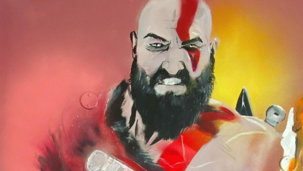 Tölvuleikjaveggur skreyttur Kratos, Scorpion og Doom Slayer